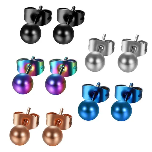 3-8mm 5 Pairs Colored Ball Stainless Steel Trendy Stud Earrings