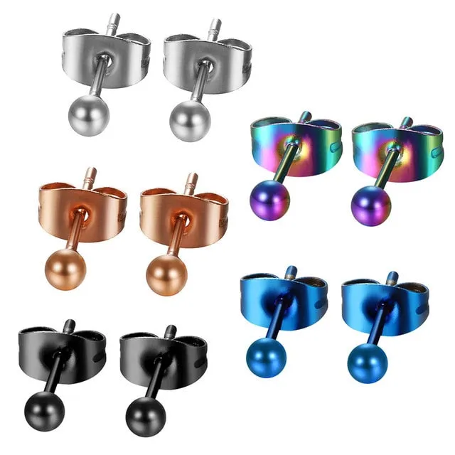 3-8mm 5 Pairs Colored Ball Stainless Steel Trendy Stud Earrings