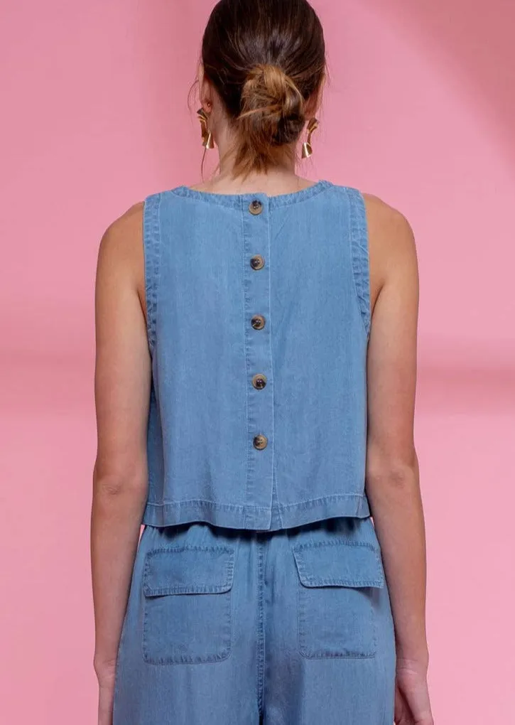 Button up Back Sleeveless Chambray Top