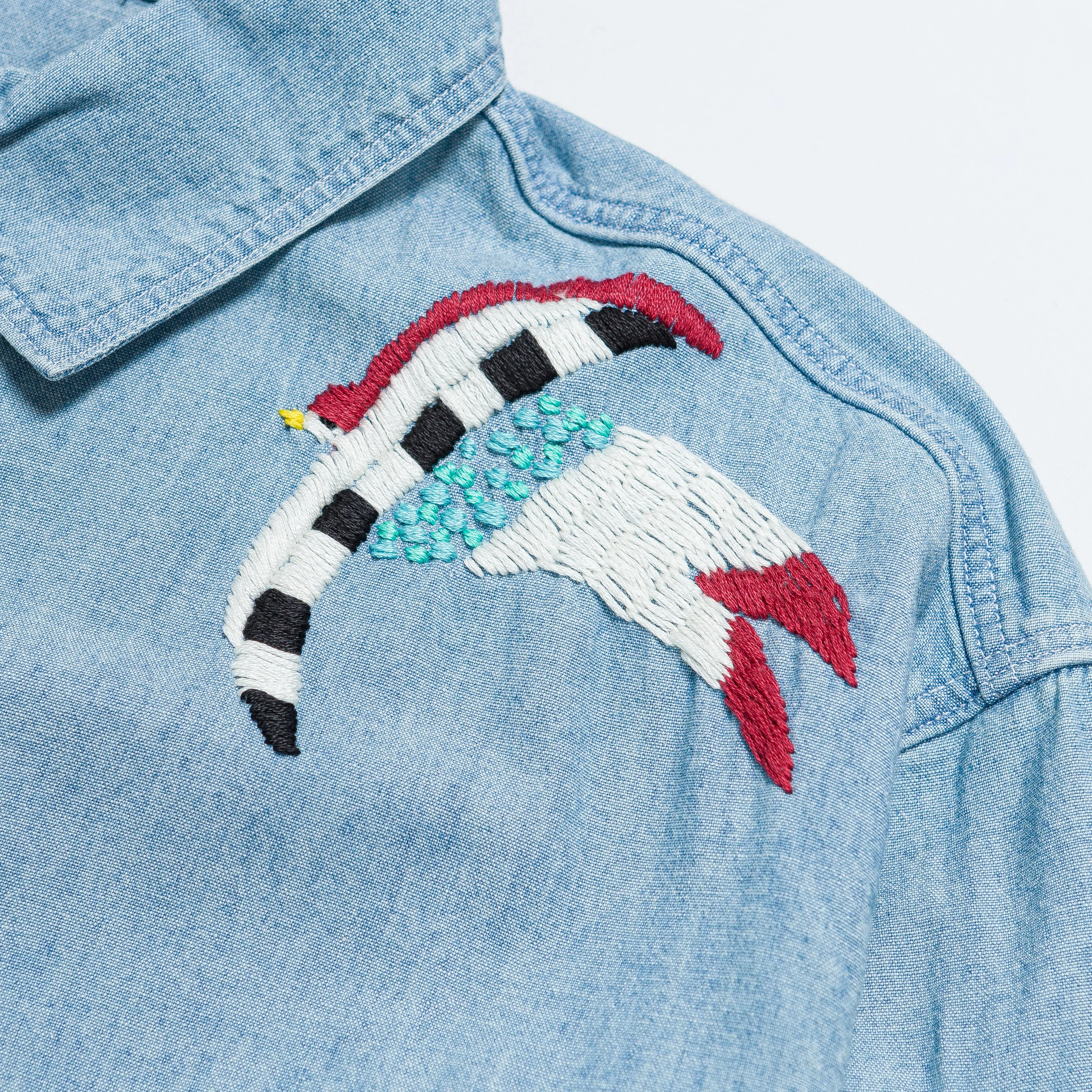 Chambray WORK Shirt (Swallow Embroidery) - Sax