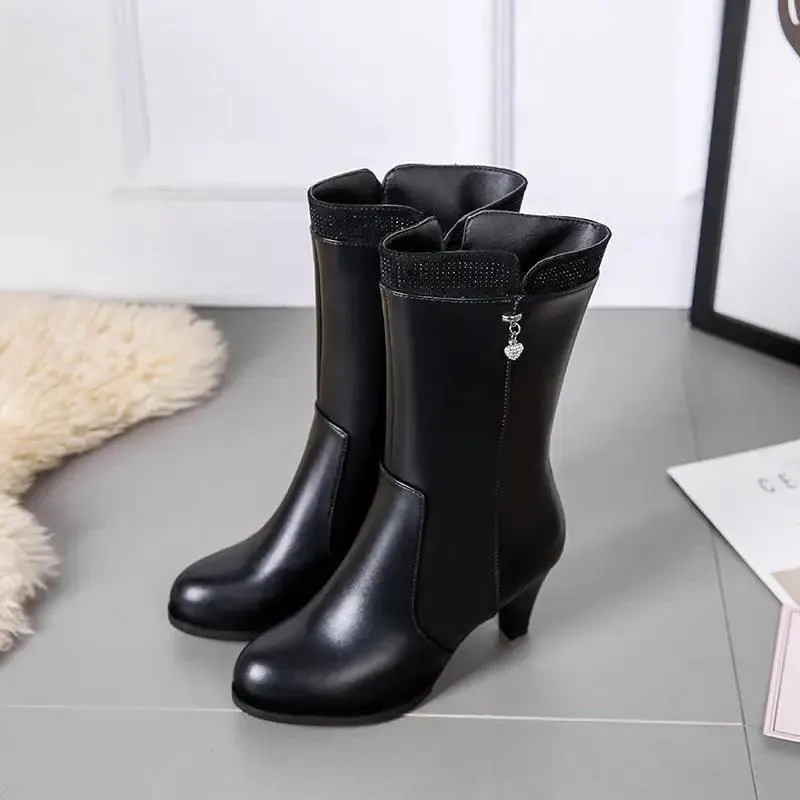 Chic Heart Charm Zipper High Heel Boots - Versatile Winter Fashion