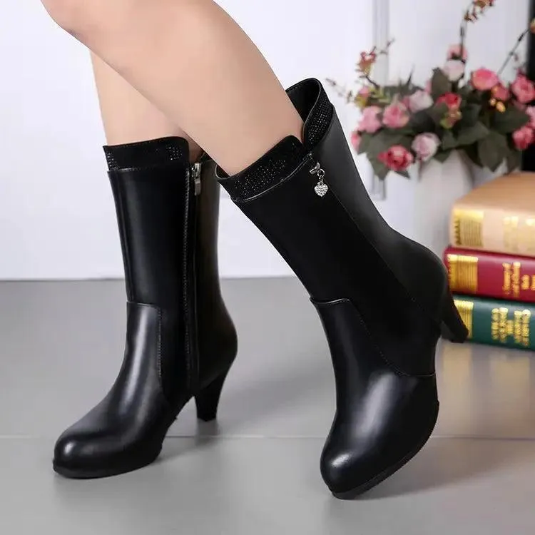 Chic Heart Charm Zipper High Heel Boots - Versatile Winter Fashion