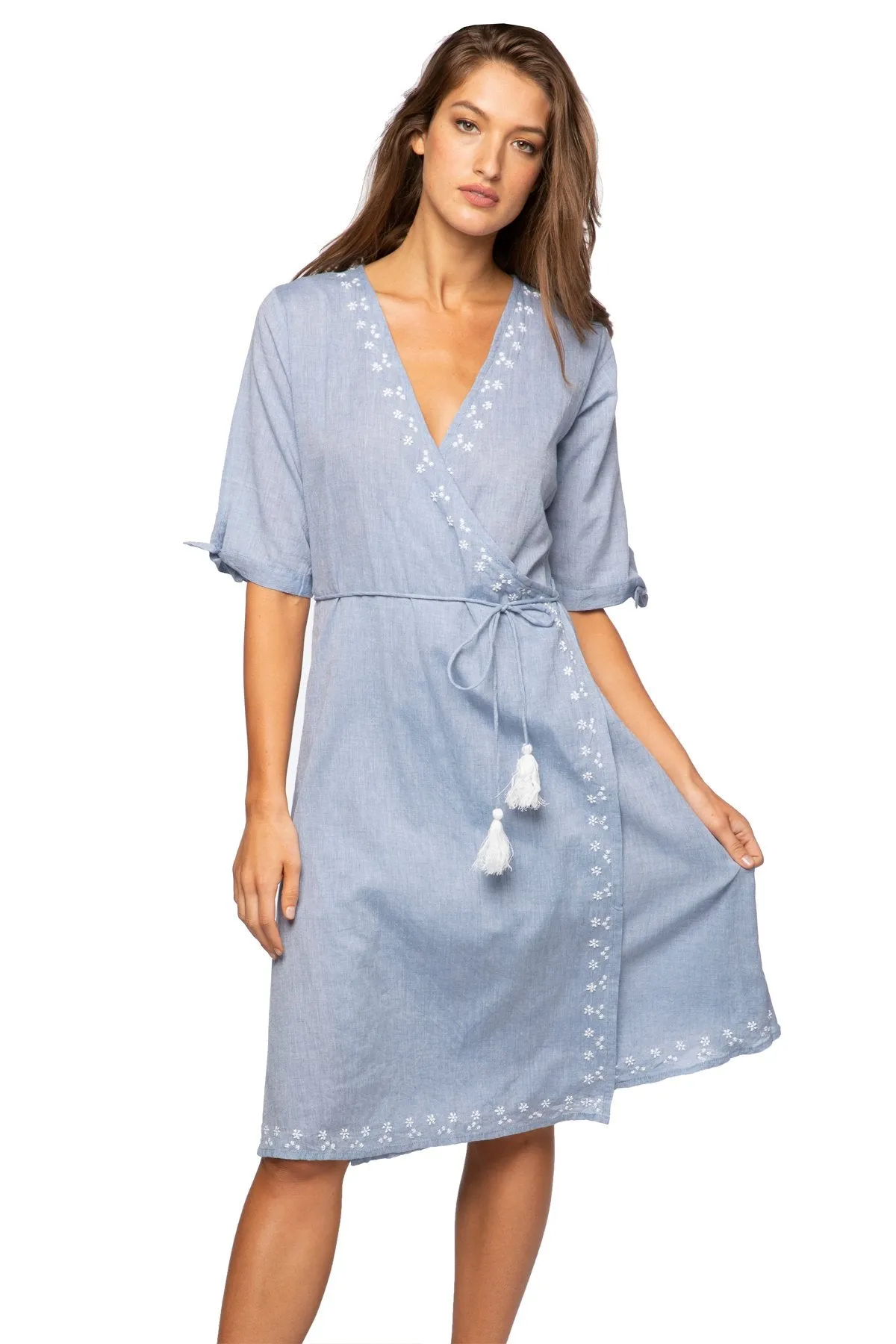 Cross Over Wrap Dress in Cotton Chambray Denim