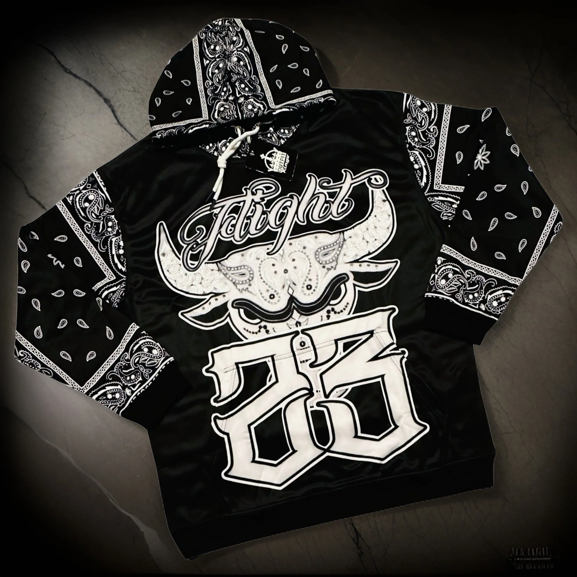 *FLIGHT 23* BLACK BANDANA / PAISLEY PULLOVER HOODIES (FLEECE LINED & BACK EMBROIDERY)