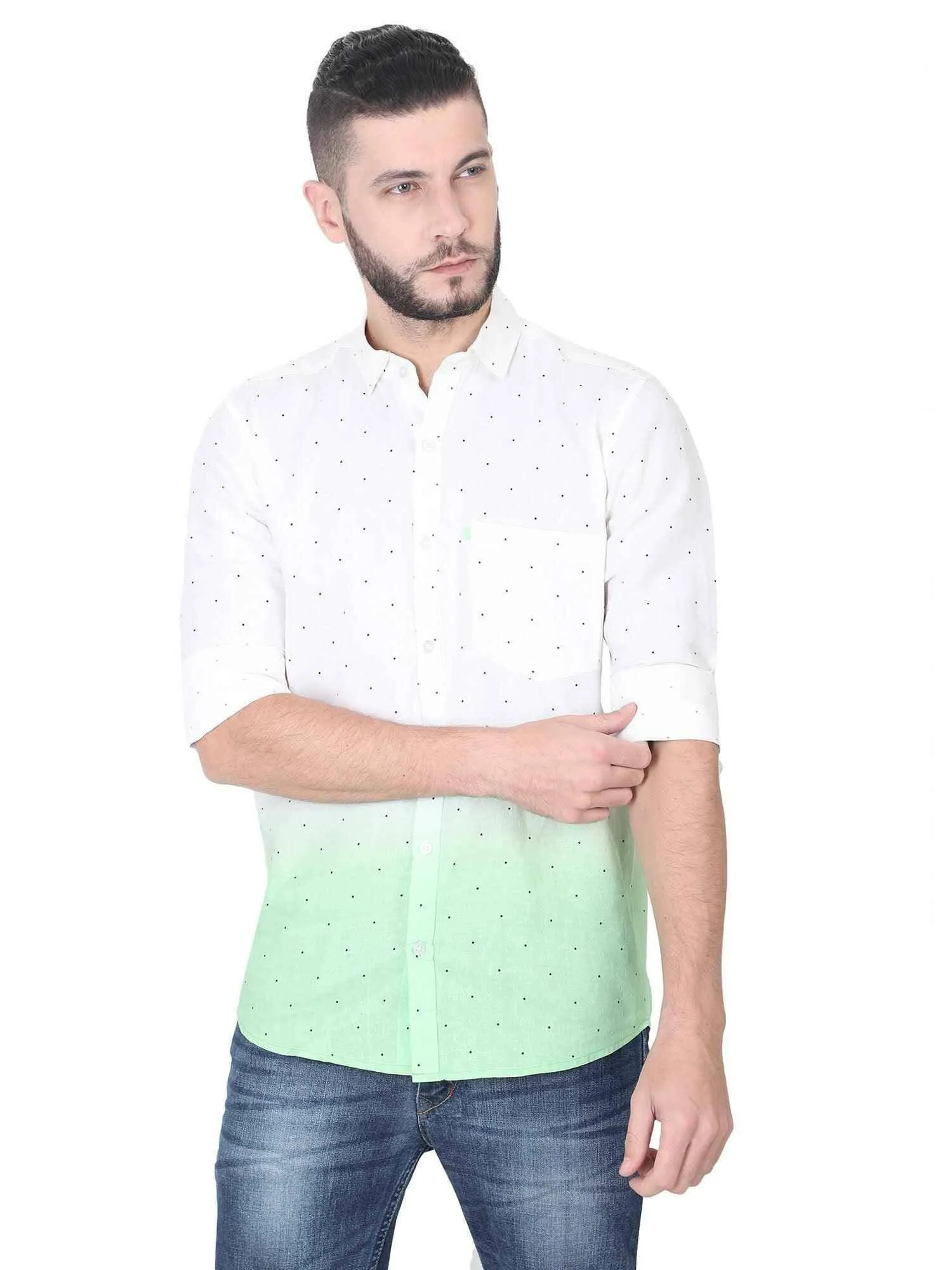 Light Green Ombre Digital Printed Linen Full Shirt