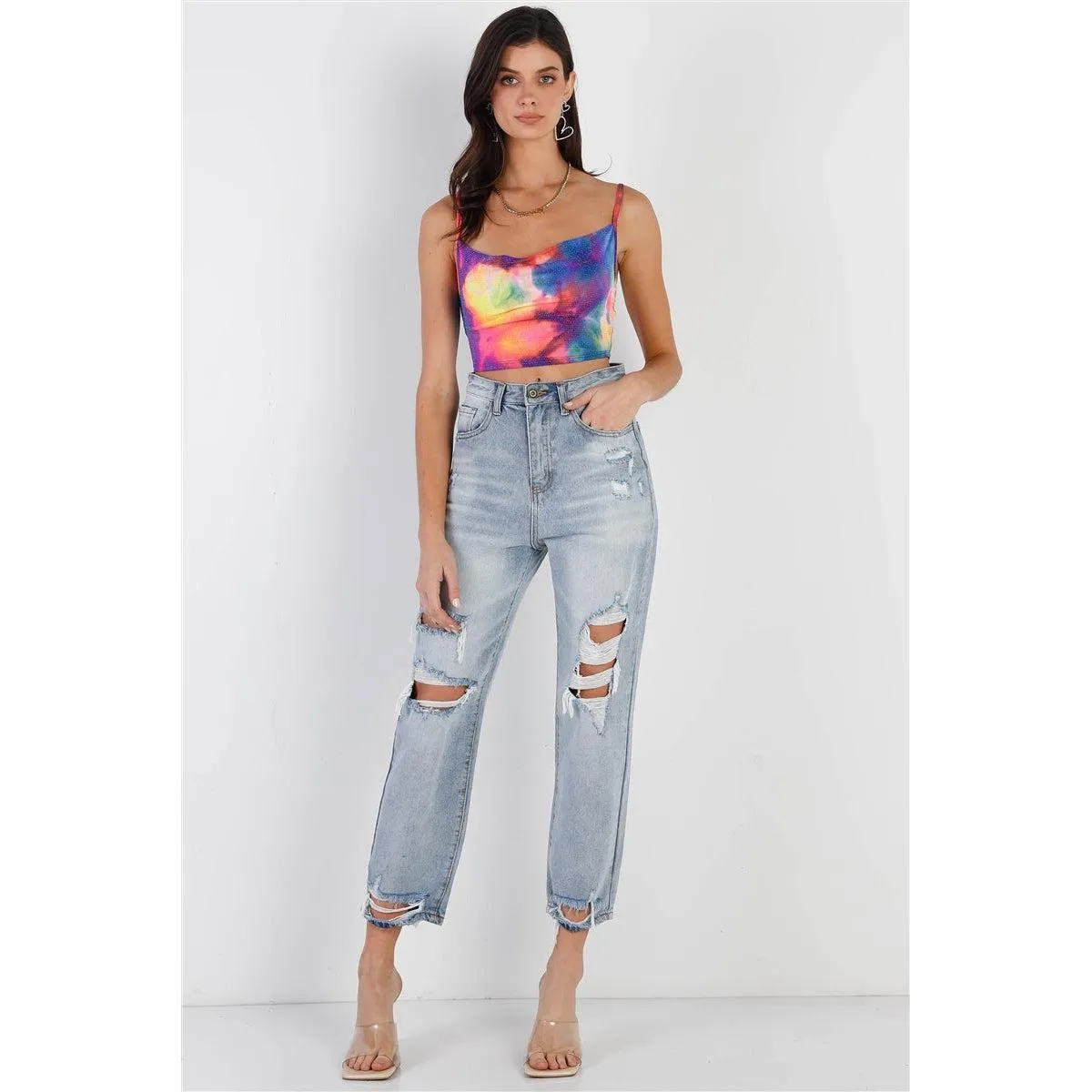 Multi Color Neon Tie-dye Lurex Cowl Neck Sleeveless Crop Top