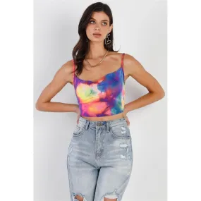 Multi Color Neon Tie-dye Lurex Cowl Neck Sleeveless Crop Top