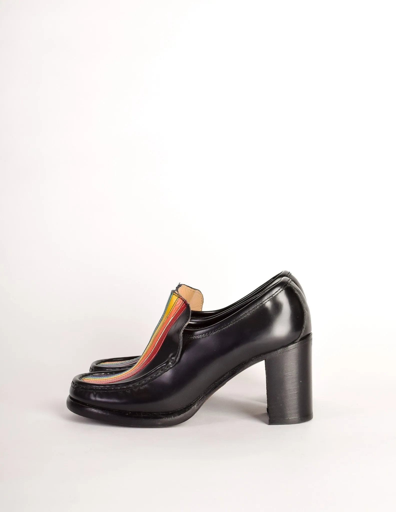 Patrick Cox Vintage Rainbow Stripe Black Leather Heeled Loafer Shoes