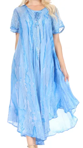 Sakkas Myani Two Tone Embroidered Sheer Cap Sleeve Caftan Long Dress | Cover Up