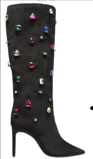 Sequined Rhinestones Knee-High Stiletto Boots