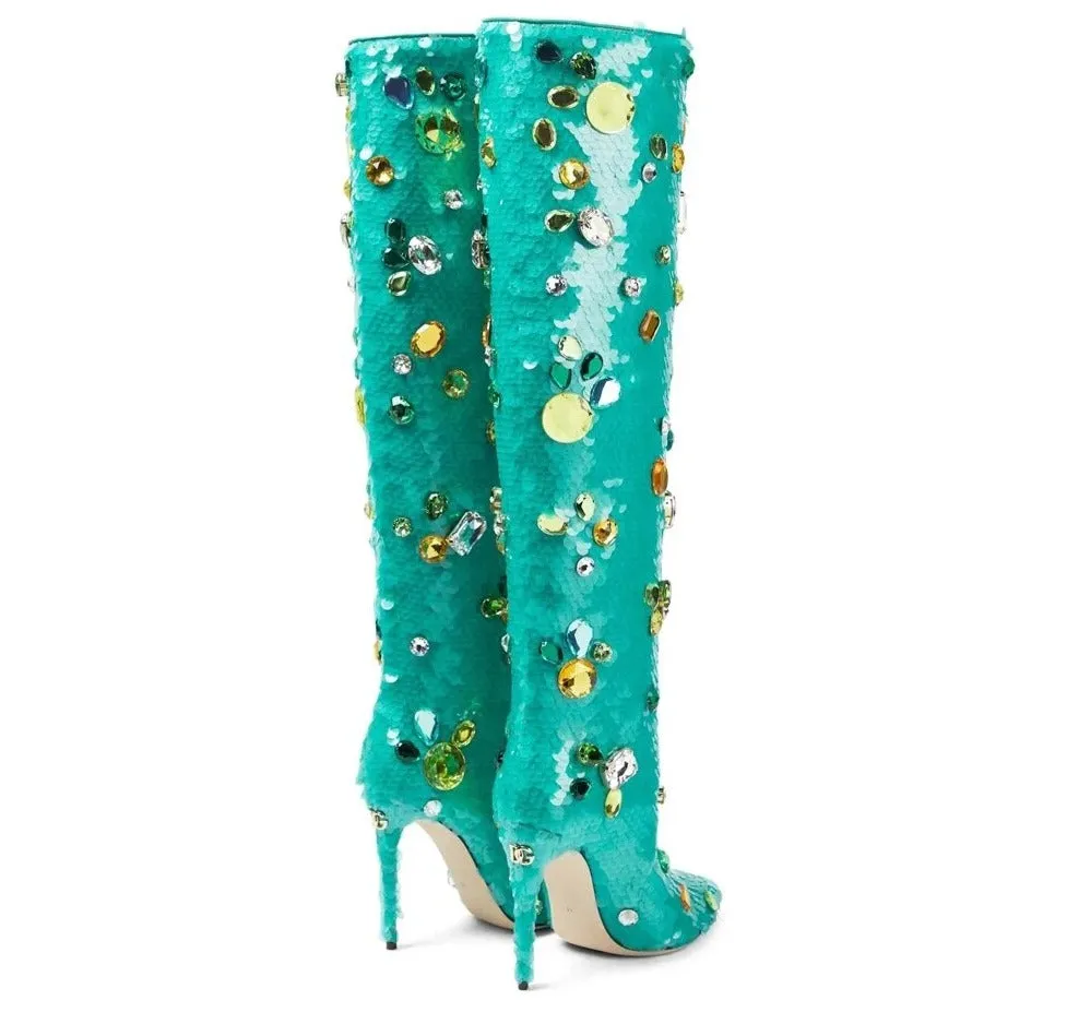 Sequined Rhinestones Knee-High Stiletto Boots