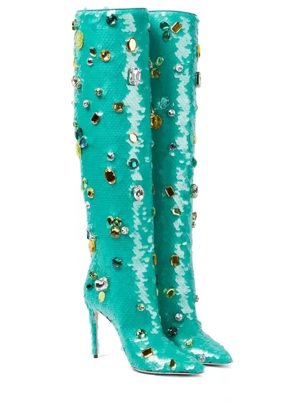 Sequined Rhinestones Knee-High Stiletto Boots