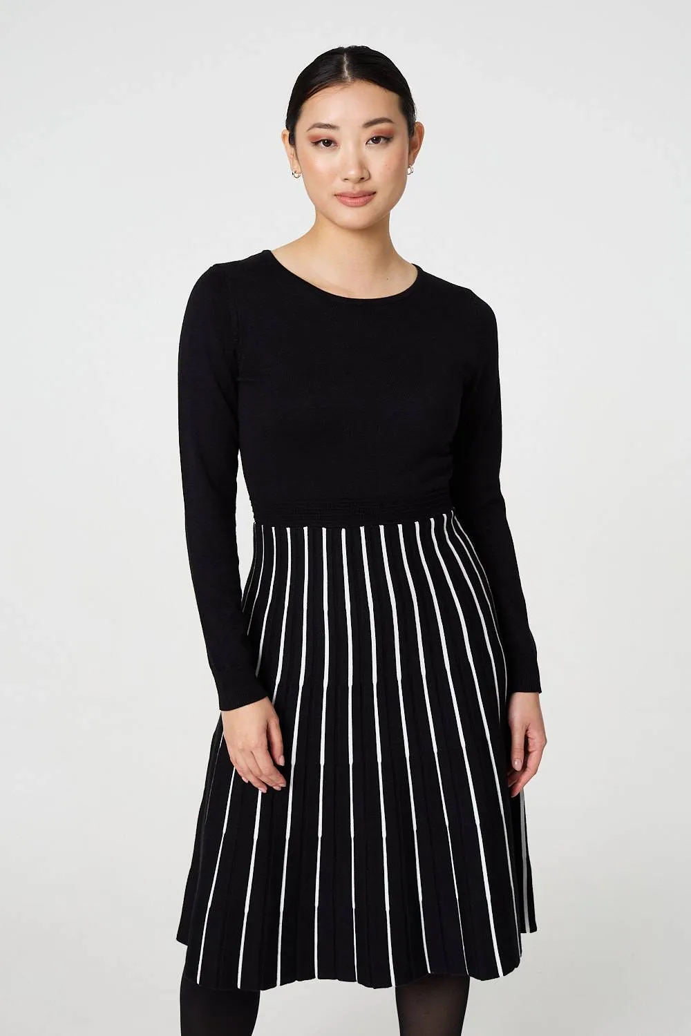 Striped Pleat Skirt Knitted Midi Dress