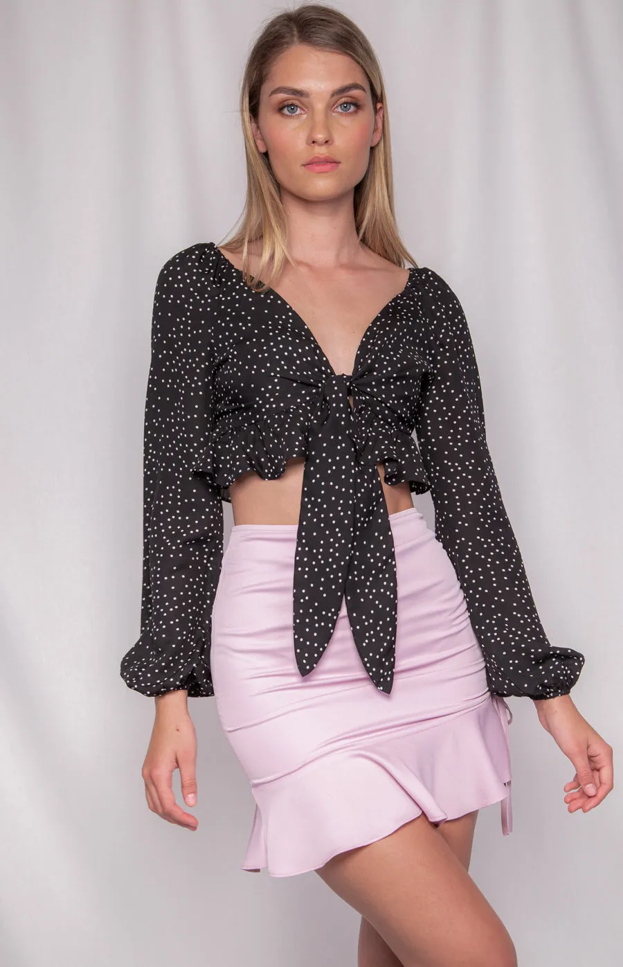 Summer Dotted Long Sleeve Crop with Tie Front