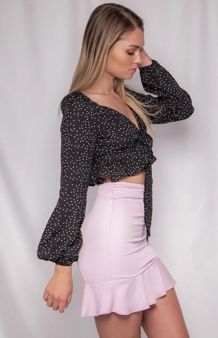 Summer Dotted Long Sleeve Crop with Tie Front